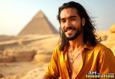 Golden yellow light silk shirt on a cheerful man with long hair before the Giza pyramid