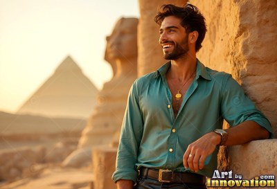 A beaming man tilts back on stone by the Sphinx, wearing a dark teal shirt in warm sunlight