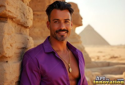 Happy man leaning against stone ruins near the Sphinx in a light purple shirt