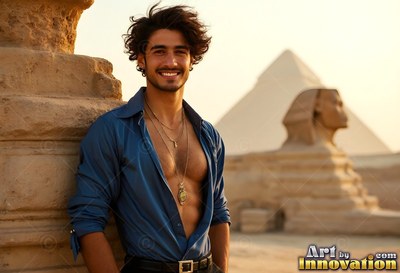 A smiling young adult man dressed in an open blue shirt leans by a stone pillar near the Sphinx