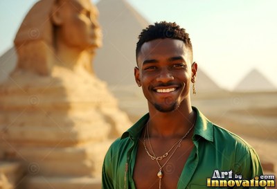Near the Great Sphinx, a smiling younger man stands in an open green soft silk shirt