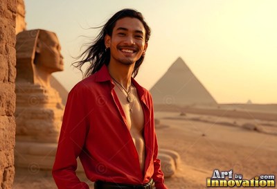 Smiling in the desert sun, a man dressed in an open red shirt stands by the Sphinx and pyramid