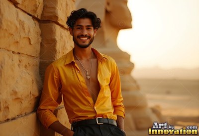 Grinning man with an unbuttoned yellow shirt by the Sphinx