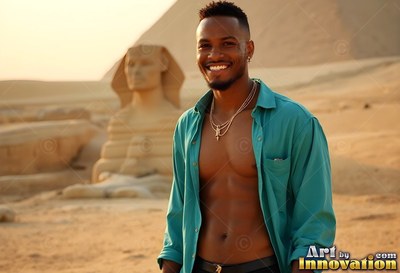 Unbuttoned teal shirt on a grinning man standing near the Great Sphinx in warm sunlight