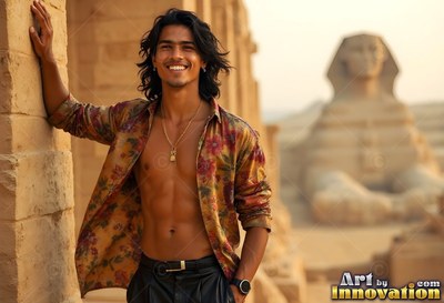 A grinning man rests against a stone wall near the Sphinx in warm sunlight
