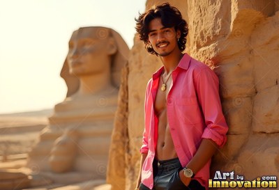 Leaning back against stone, a beaming man in a pink shirt stands by the Sphinx
