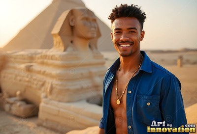 A grinning man wearing an open blue shirt stands by the Sphinx in the warm desert sun
