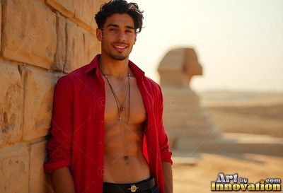 By the Great Sphinx, a smiling guy leans against a wall in an open red shirt