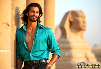 Smiling in a light teal shirt, a man leans on a pillar before the Sphinx in Giza