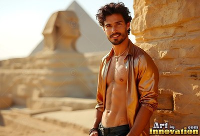 A grinning man in an open gold shirt standing by the Sphinx