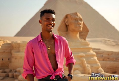 A smiling man in a tied pink shirt stands near the Sphinx and a sunny pyramid