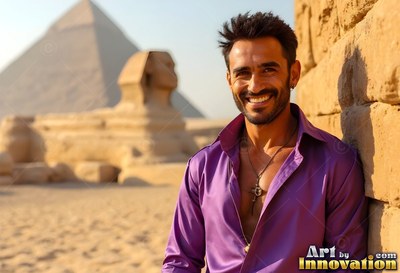 Leaning on stone by the Sphinx, a grinning man wears an open light purple shirt