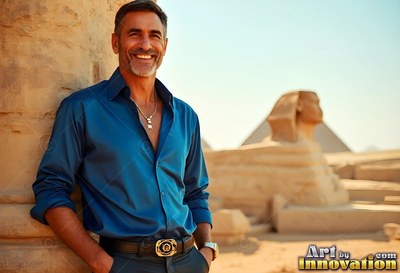 A happy man in an unbuttoned blue silk shirt stands by the Sphinx under bright sunlight