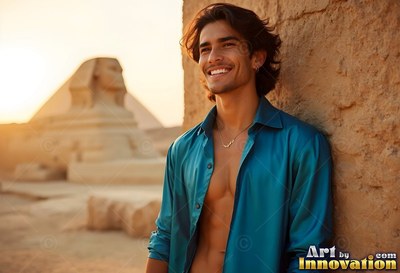 Near the Great Sphinx, a grinning man rests on a wall in an unbuttoned teal shirt