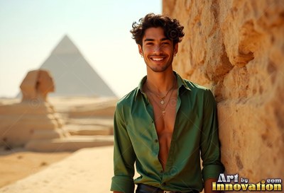 Smiling in the desert sun, a man with an open green shirt leans on a stone wall