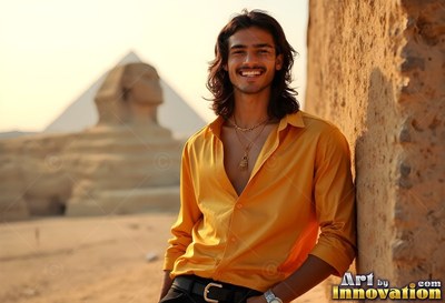 Smiling man with an open yellow shirt leaning near the Great Sphinx