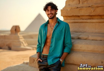 A cheerful man in an unbuttoned turquoise shirt stands by ancient stone near Giza pyramids