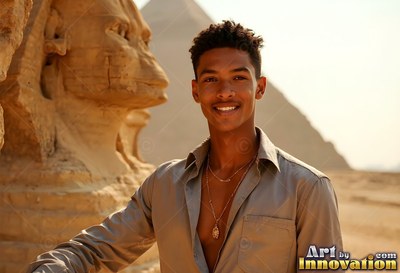 A smiling young man stands by the Sphinx in warm desert sunlight