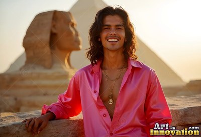 Leaning by the Sphinx, a smiling man wears an open pink thin silk shirt