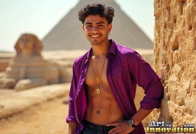 A cheerful man with an open light purple shirt stands by the Sphinx in bright sun