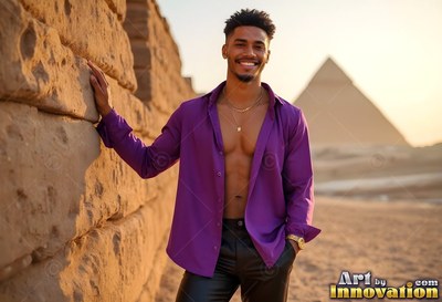 Near the pyramids, a happy man tilts back on a stone wall in an open bright purple shirt