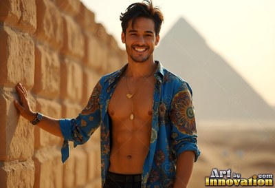 Smiling by a stone wall, a man wears an open blue shirt near a pyramid