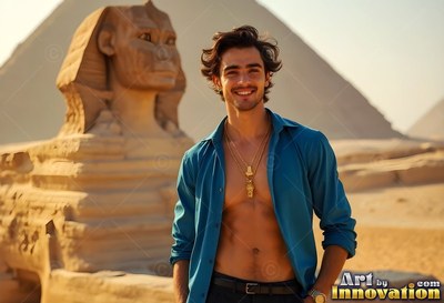A beaming man in an open blue shirt near the Great Sphinx