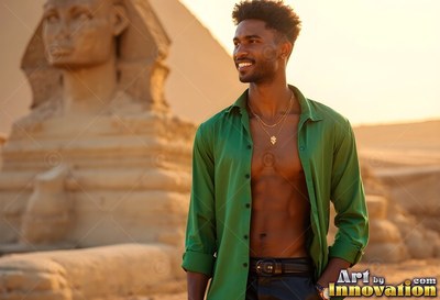 Wearing an open green shirt, a smiling guy stands by the Great Sphinx in warm sunlight