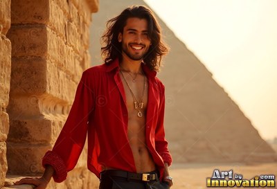 A grinning man rests by a stone wall in an open red shirt under warm desert light