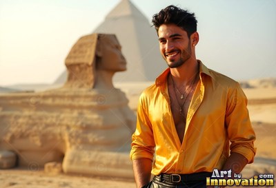 Happy man in a yellow light silk shirt beside the Sphinx at Giza