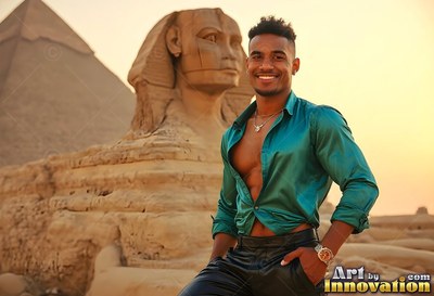 A happy man with an unbuttoned green shirt poses by the Sphinx in warm light