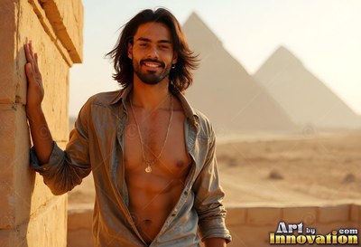 Near the pyramids, a grinning man reclines on stone in an unbuttoned shirt