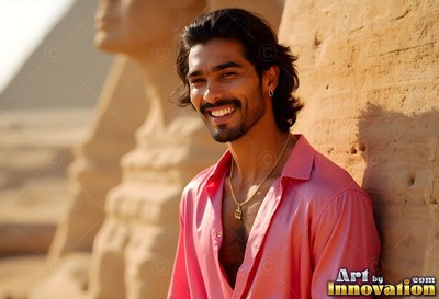 Smiling in warm sunlight, a man in a pink light silk shirt leans near the Sphinx in Giza
