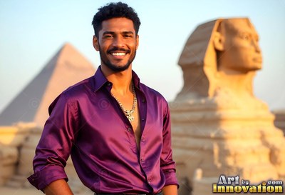 Beaming man in an open dark purple shirt stands by the Sphinx