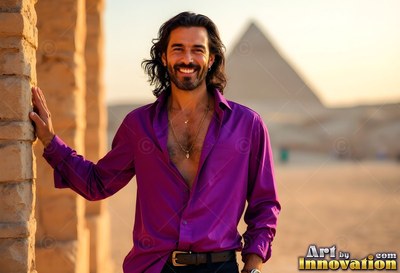 A purple light silk shirt unbuttoned on a beaming man standing near pyramids in desert light