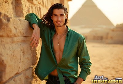 Leaning against a stone wall, a man in a green smooth silk shirt smiles near a pyramid