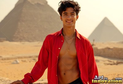 A smiling young adult man wearing an open red shirt stands in front of the pyramids