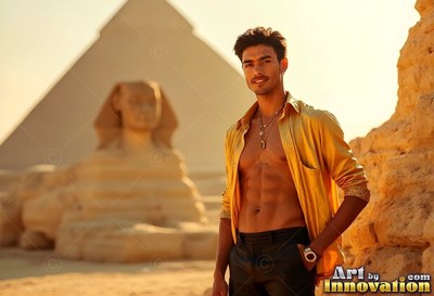 By the Sphinx in Giza, a bare-chested man in an open yellow shirt stands in warm light