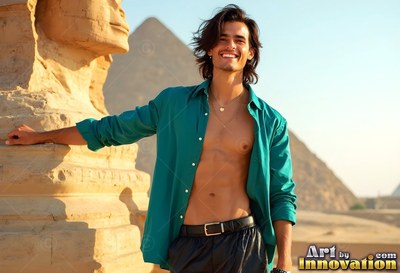 Smiling beside the Sphinx, a man with an open light teal shirt stands in bright sunlight
