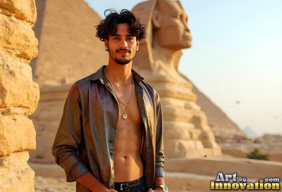A man in an unbuttoned shirt standing before the Great Sphinx