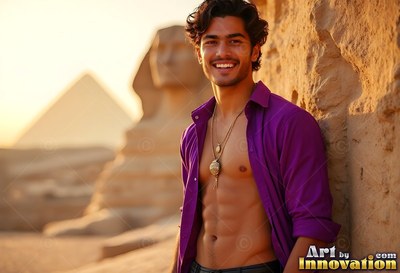 Wearing an unbuttoned deep purple shirt, a smiling man stands by the Great Sphinx in Giza sunlight