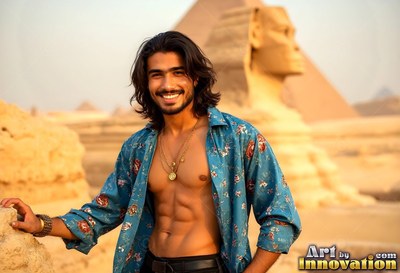 A happy man poses in an open blue shirt before the Sphinx in warm sun