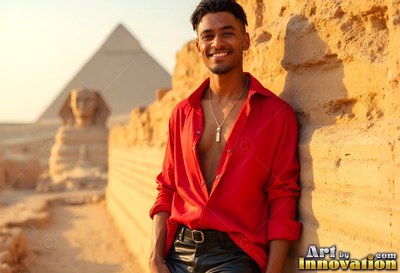 Leaning back, a smiling man in an open red shirt stands near the Sphinx