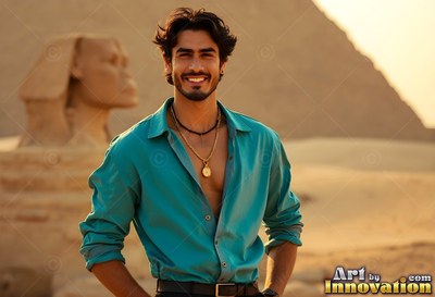 In front of the Sphinx, a cheerful man stands in an open teal shirt