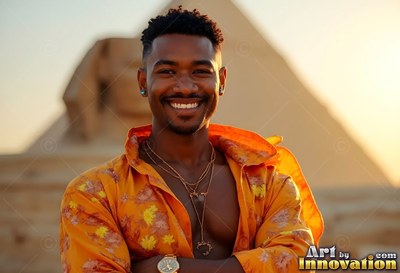 Smiling warmly, a man with an unbuttoned orange shirt stands before the Great Sphinx and pyramid