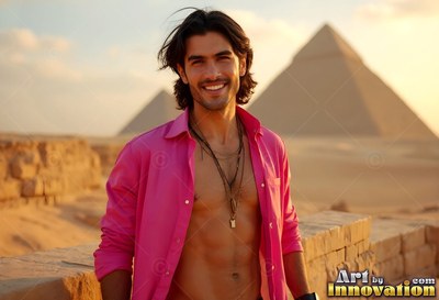 Smiling man with an unbuttoned pink shirt near the pyramids at sunset