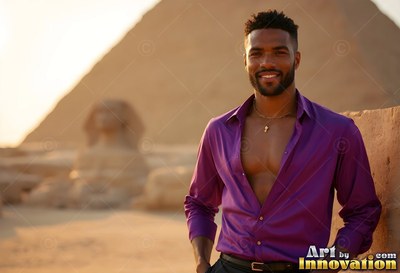 A smiling man props himself in an open bright purple shirt under warm desert sunlight