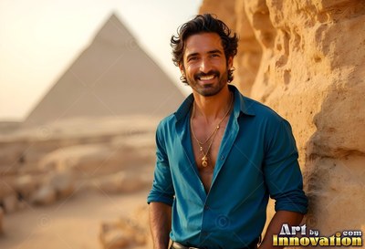 Leaning on warm rocks in Giza, a grinning man wears a teal shirt by a pyramid