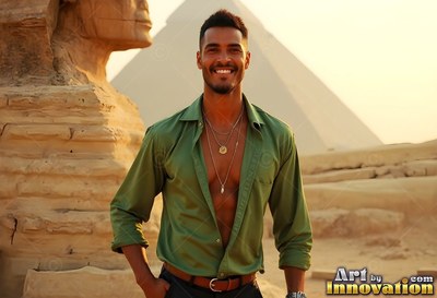 A happy man in an unbuttoned green shirt stands by the Sphinx under sunlight