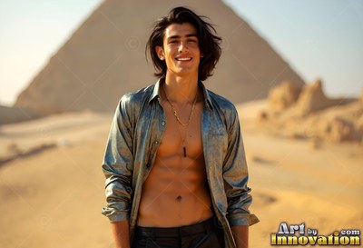 Smiling young adult man dressed in an open thin silk shirt near a pyramid